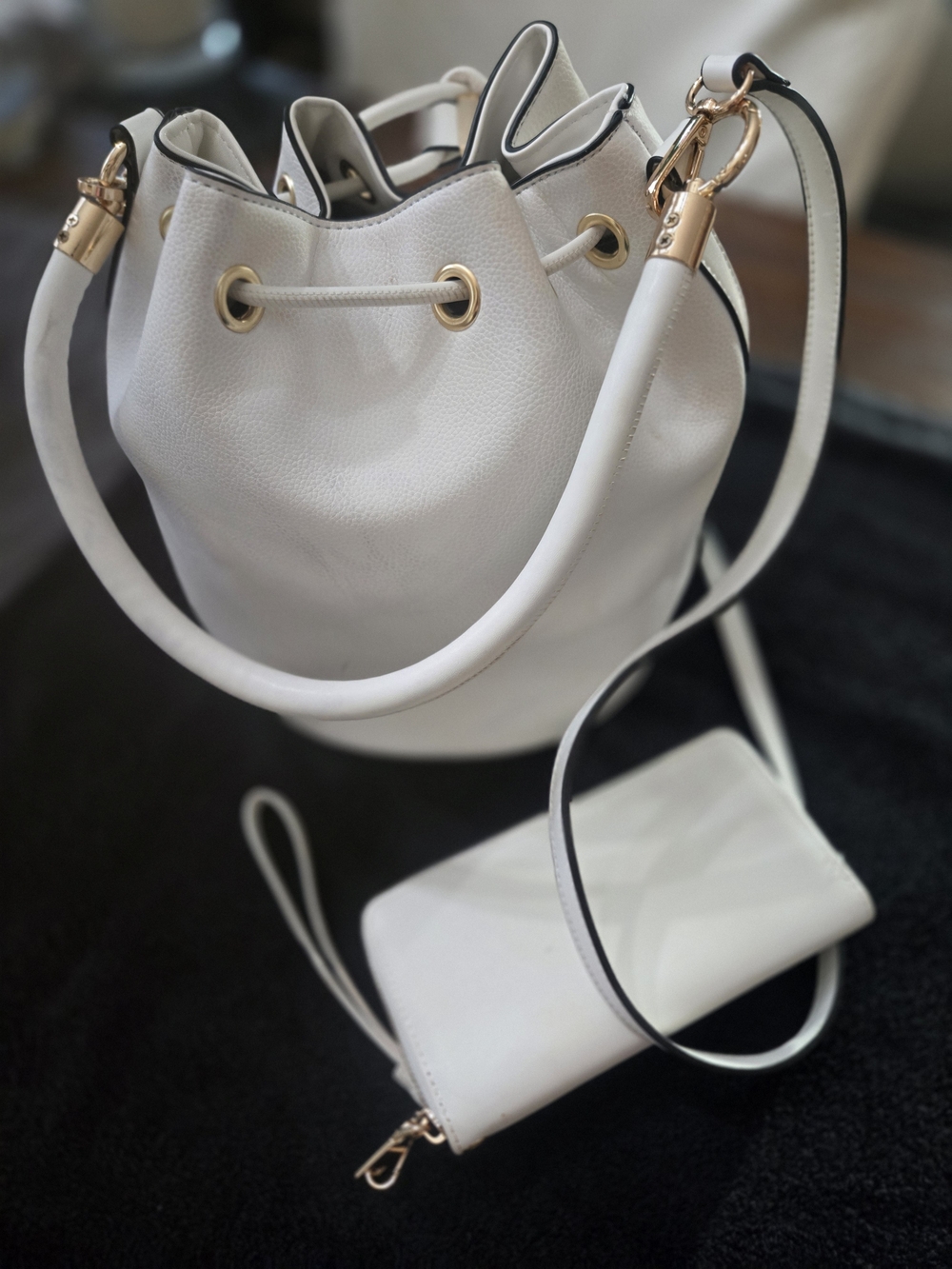 The Bucket White Drawstring Bucket Bag - Fashionable Women's Crossbody W/ Wallet - Picture 4 of 14
